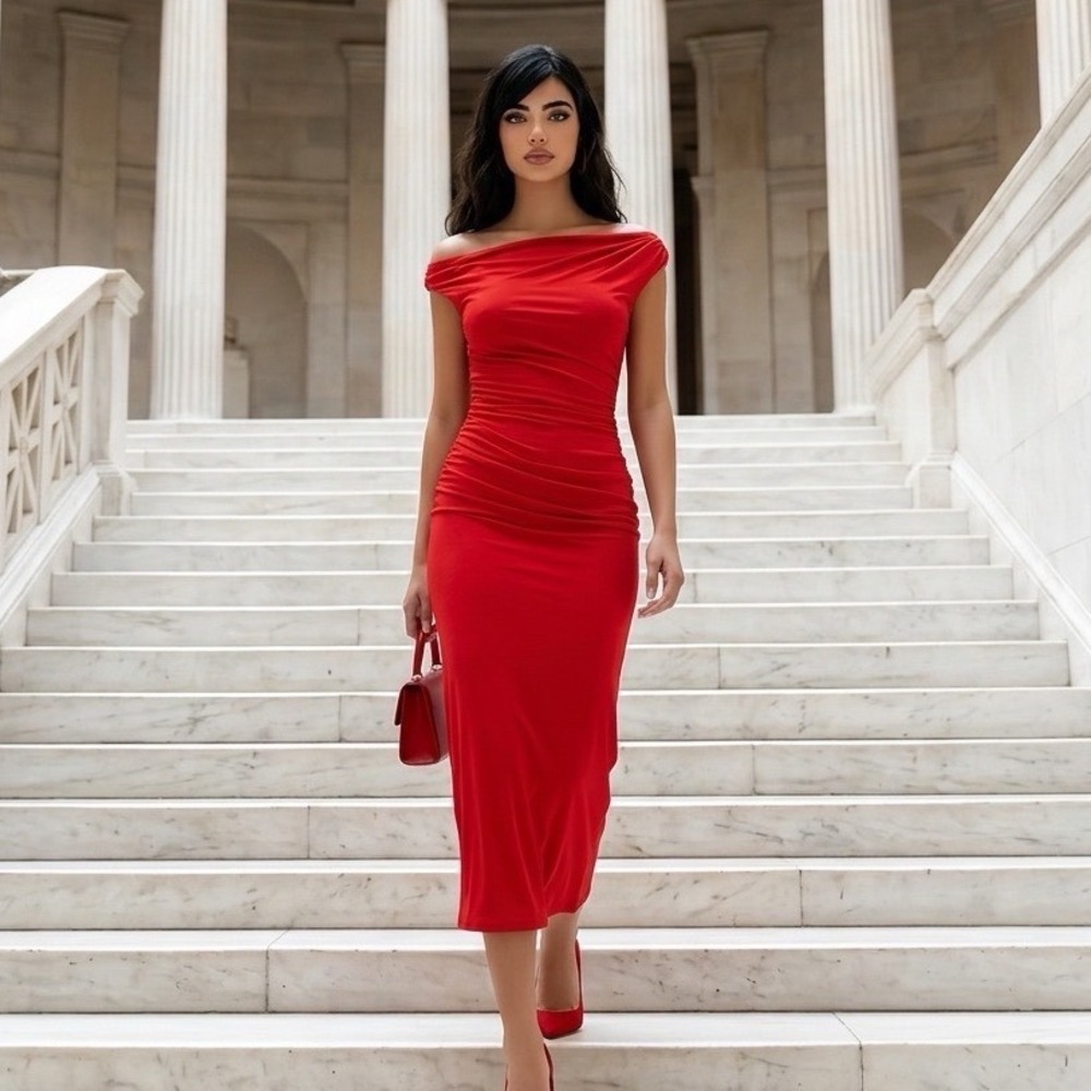 Petal + Pup Red Ruched Off-The-Shoulder Midi Dress XS PNP82769 Bodycon Nordstrom